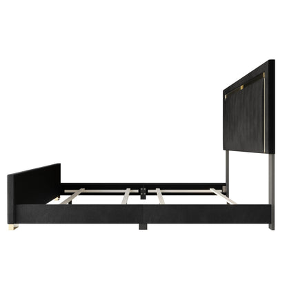 HOME DESIGN Olathe King Size Upholstered Panel Bed Frame, Vertical Channel Tufted Headboard with Gold Metal Accent, Velvet Fabric, Platform Design, Box Spring Required, Black