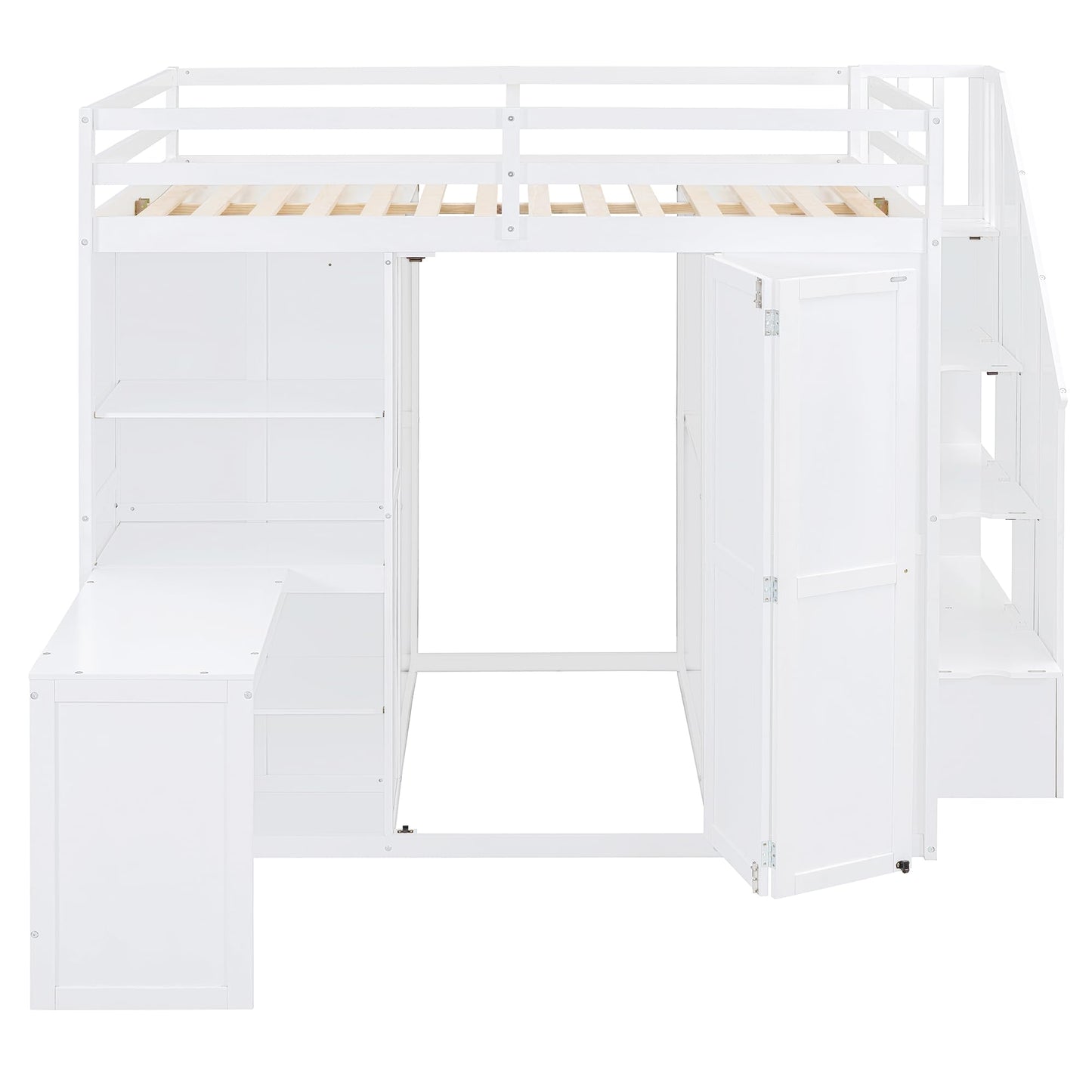 Merax Full Size Loft Bed, Wood Bedframe with Wardrobe, Storage Stairs, Desk and Shelves for Kids Teens Adults Bedroom, White