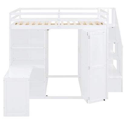 Merax Full Size Loft Bed, Wood Bedframe with Wardrobe, Storage Stairs, Desk and Shelves for Kids Teens Adults Bedroom, White