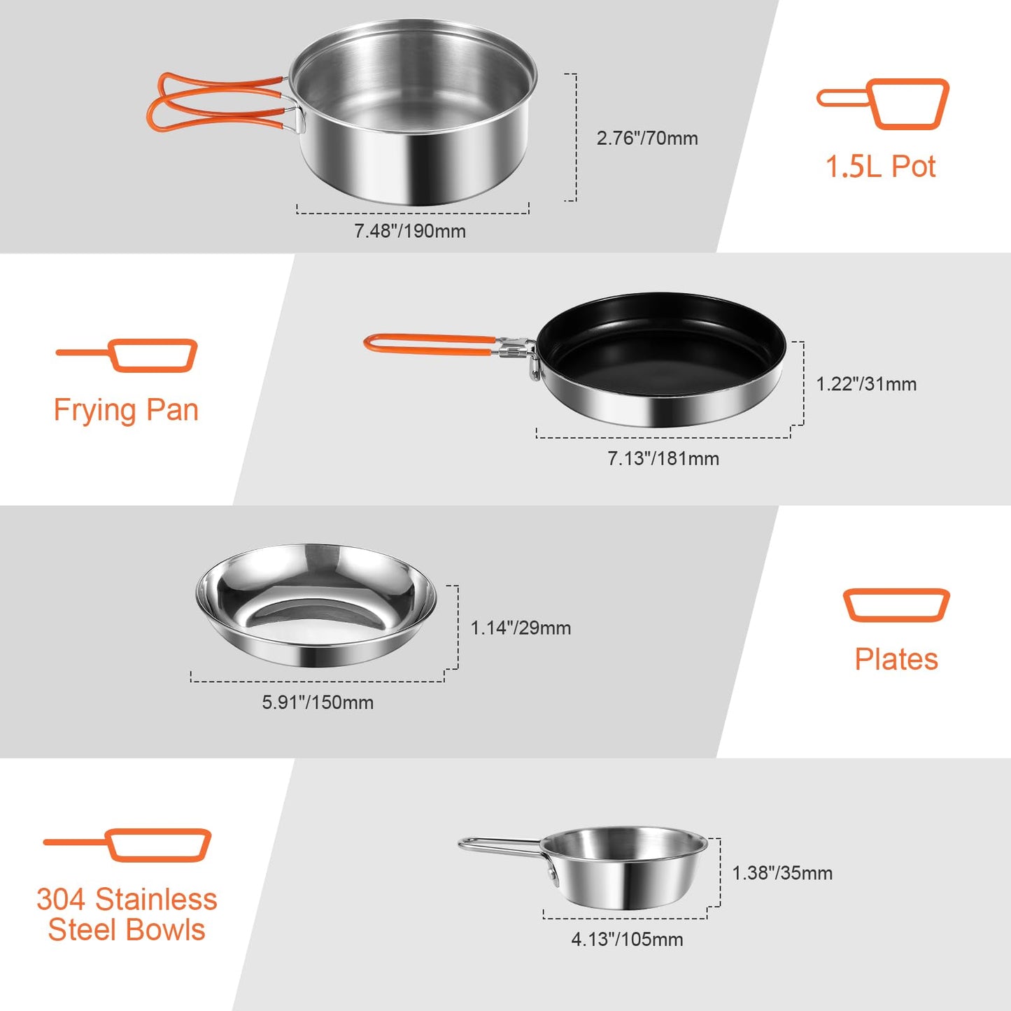 Odoland 15pcs Stainless Steel Camping Cookware Camping Pot and Pan Set with Portable Camping Stove Camping Mess Kit with Plates Bowls Forks Knives Spoons for Hiking Backpacking and Picnic
