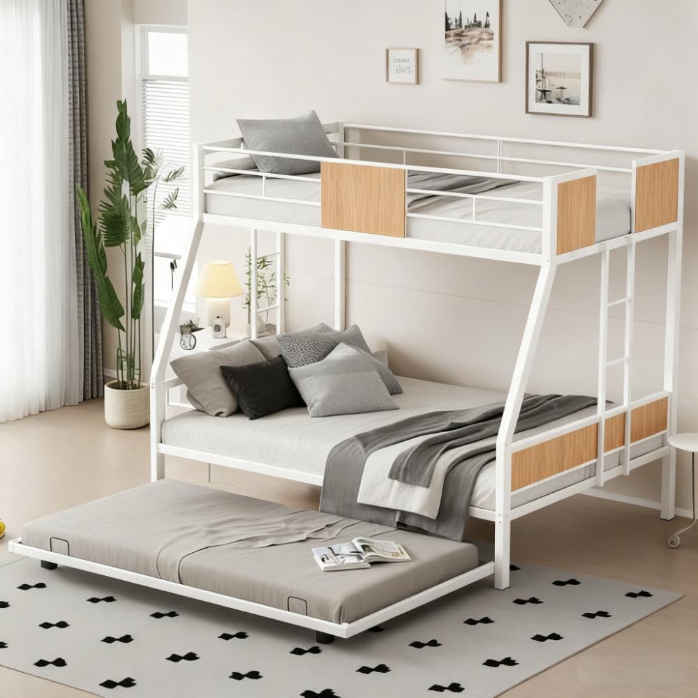 PVWIIK Twin Over Full Bunk Bed with Trundle,Heavy-Duty Sturdy Bedframe with Safety Guardrail & Ladder for Kids Boys Girls Teens,Space Saving Design & No Box Spring Needed,White