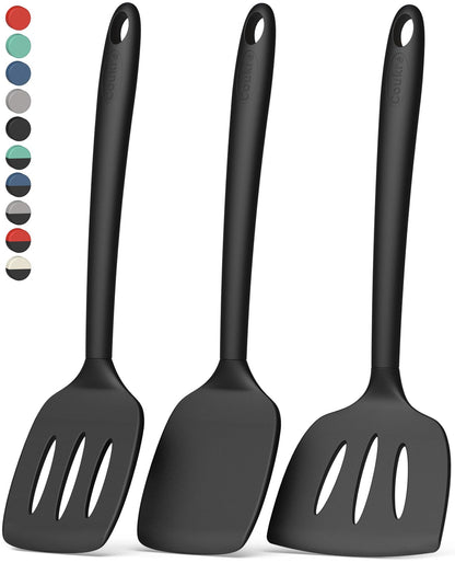 Coukre 3 Pack Silicone Spatula Set, High Heat Resistant, BPA-Free, Fish Spatula, Solid & Slotted Turner for Non-Stick Pans, Flipping Eggs, Pancakes, Fish, Burgers (3, PureBlack)