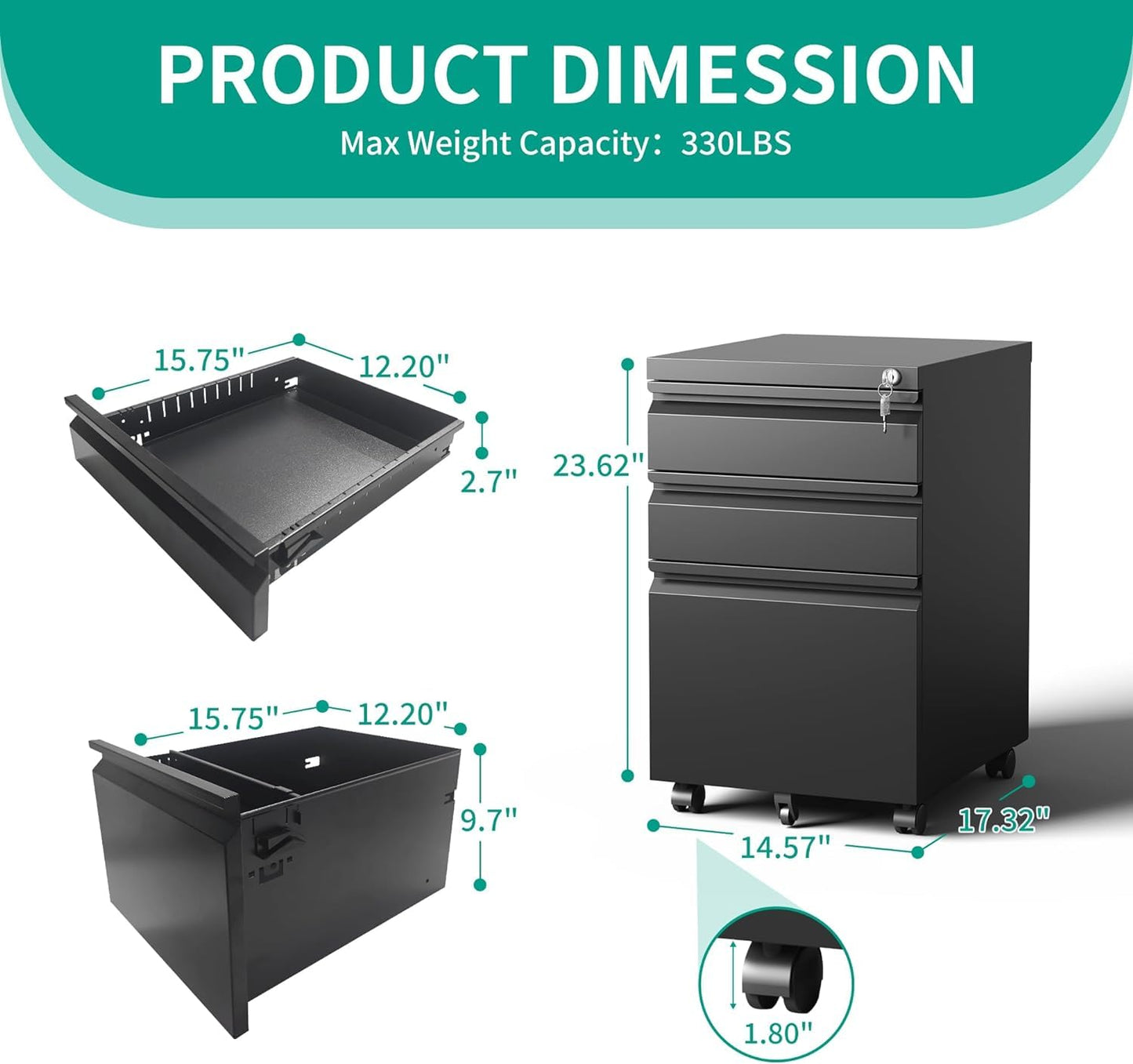Oasecrilio 3 Drawer Filing Cabinet, Mobile Filing Cabinet for Home Office, Locking File Cabinets for A4/Letter/Legal Size File Folders, Fully Assembled, Matte Black