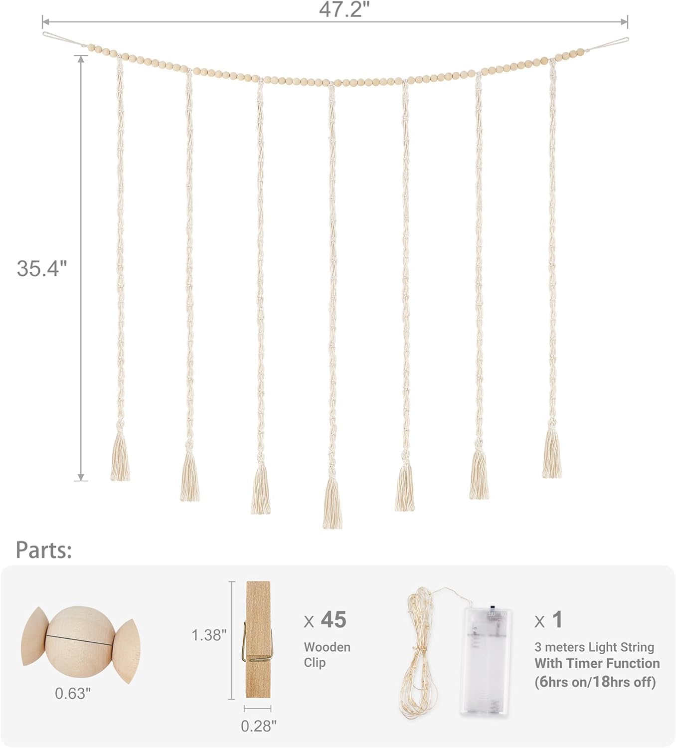 Funvalley Surperfect Macrame Hanging Photo Display Wall Decor with String Lights, Boho Wooden Beads Garland Collage Picture Card Frame Holder with 45 Clips for Bedroom Living Room Dorm