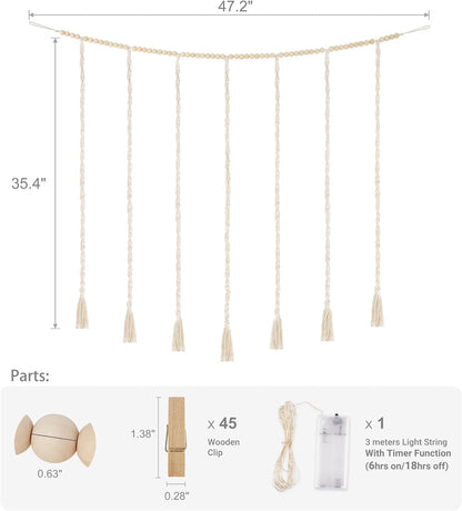 Funvalley Surperfect Macrame Hanging Photo Display Wall Decor with String Lights, Boho Wooden Beads Garland Collage Picture Card Frame Holder with 45 Clips for Bedroom Living Room Dorm