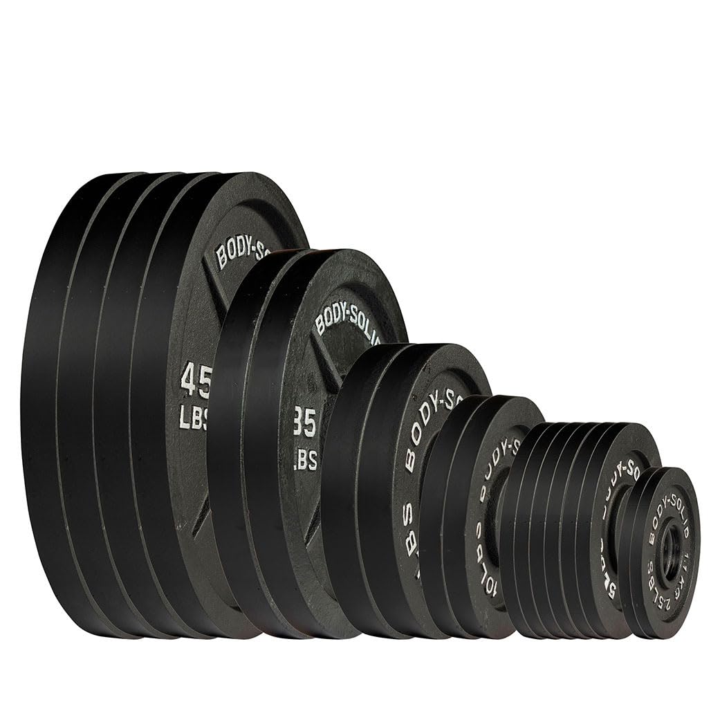 Body-Solid (OSB355) Cast Iron Olympic Weight Plate Set, Free Weights Dumbbell Plates with 2 Inch Standard Hole for All Olympic Barbell Types, 355 lb Total Weight Sets, Black