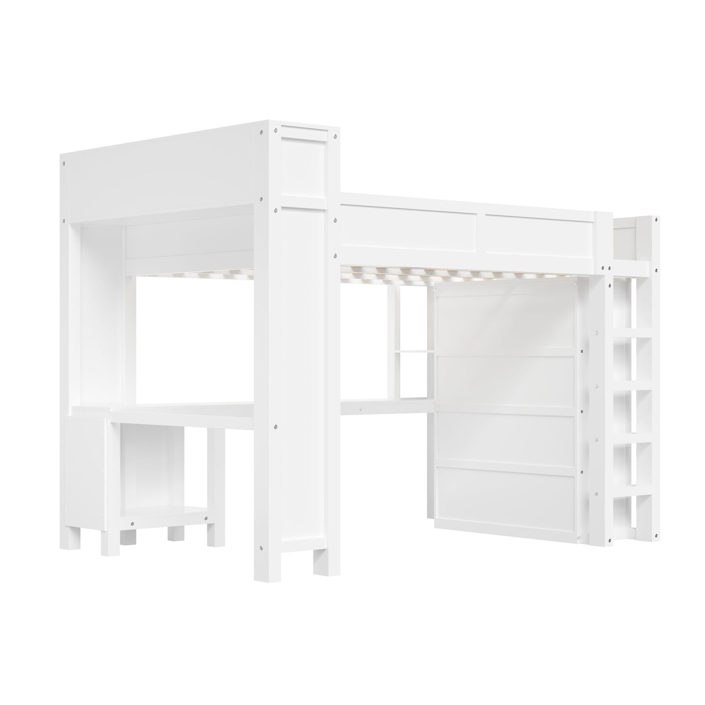 Merax Queen Loft Bed Frame with Desk and Wardrobe, Headboard with Storage & Charging Station, Wood Loft Bunk Bed with Solid Slats & Guardrail, No Box Spring Needed, Space-Saving, Noise Free, White