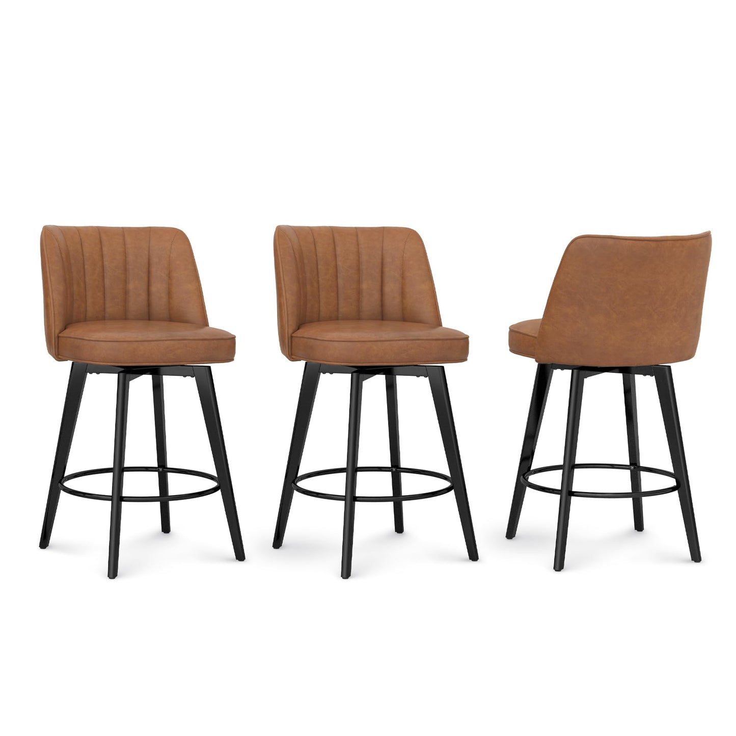 LUE BONA 360° Swivel Leather Bar Stools Set of 3, 26" Counter Height Barstools with Backs and Metal Legs, Modern Upholstered Bar Chairs for Kitchen Island, Brown