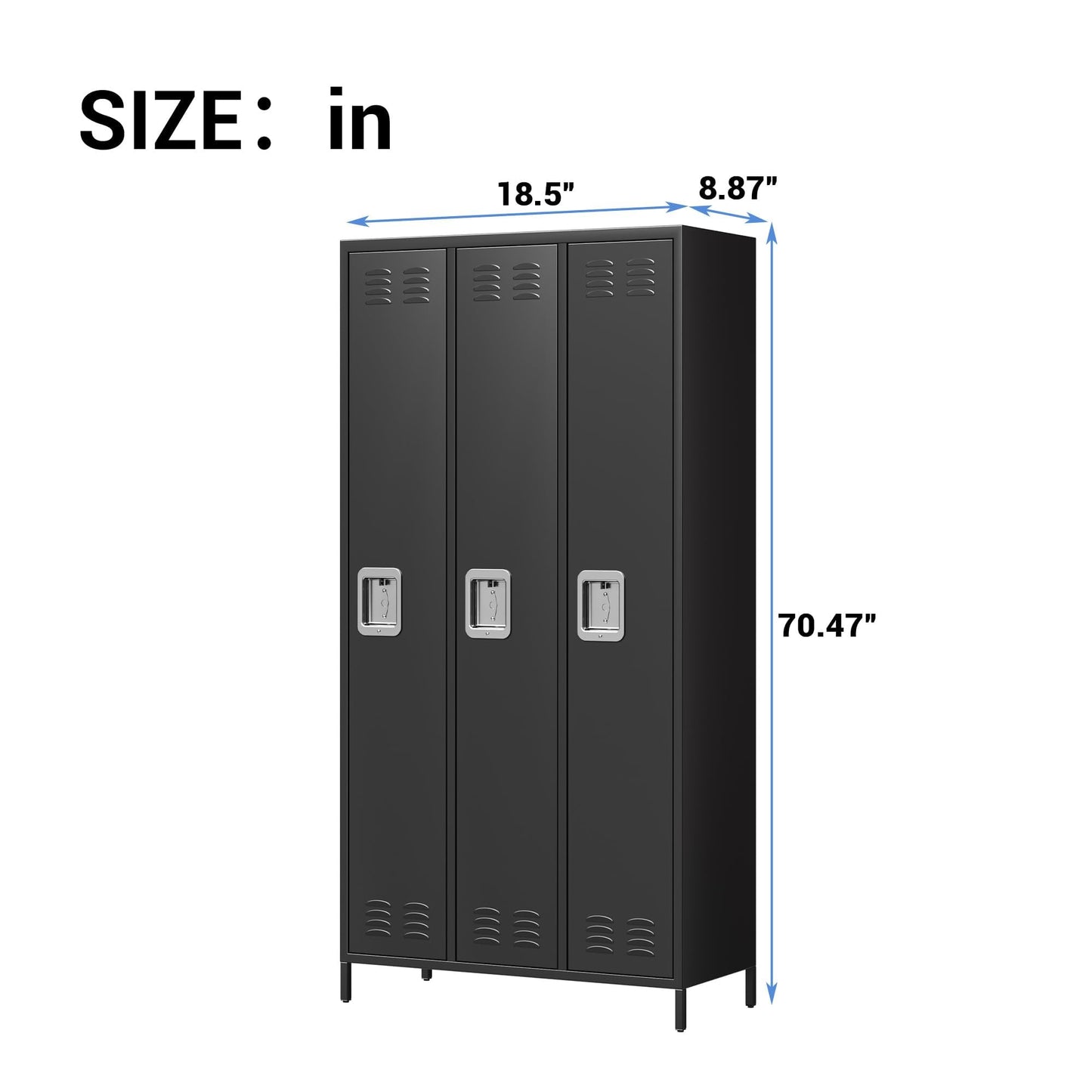 IDEALHOUSE 3 Doors Steel Storage, Metal Locker for School Office Gym Bedroom, 72 Inch Locker Cabinet for Employees,Industrial Storage Locker with 3 Shelves, Assembly Required, Black