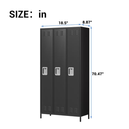 IDEALHOUSE 3 Doors Steel Storage, Metal Locker for School Office Gym Bedroom, 72 Inch Locker Cabinet for Employees,Industrial Storage Locker with 3 Shelves, Assembly Required, Black