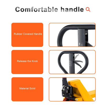 Tory Carrier Pallet Jack Hand Truck Manual Pallet Jacks 6600-Lb. Capacity 27 x 48 Forks Standard Duty, Rubber Handle, PU Wheels