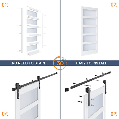 ROYMELO 36x84 Inch Glass Sliding Barn Door Slab and 6.6ft Hardware Kit Included, 5 Frosted Glass, LVL Wood Panel Covered with White Water-Proof Scratch-Proof PVC Surface, Simple DIY Assembly
