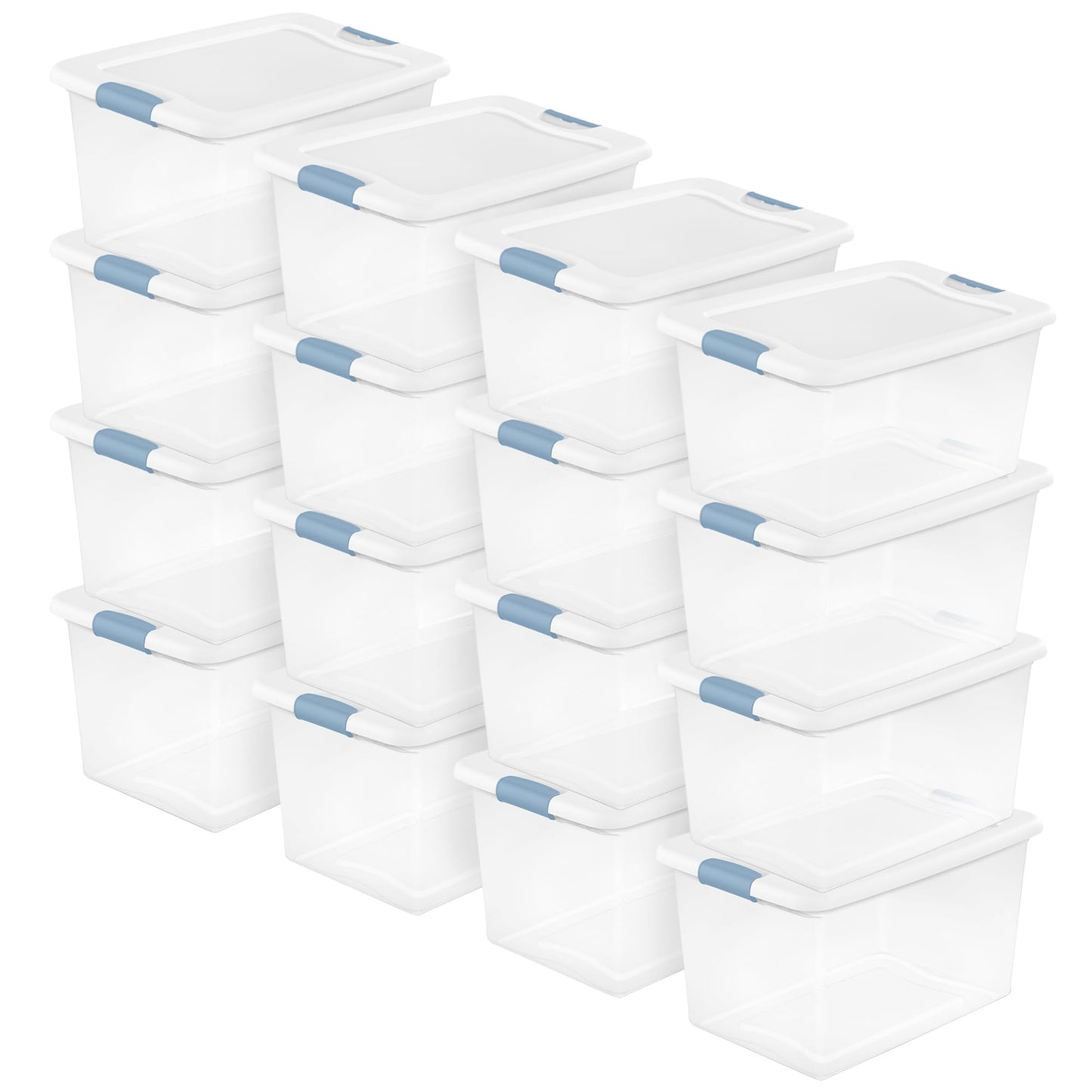 Sterilite 16 Pack Latching Box, 64 Qt Plastic Storage Container, Stackable Large Home or Office Tote Organizers with Secure Lids, White