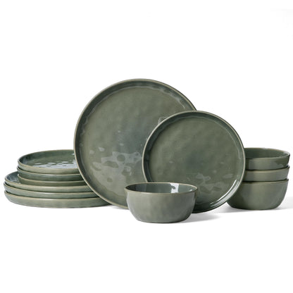 Famiware Mars Plates and Bowls Set, 12 Pieces Dinnerware Sets, Dishes Set for 4, Sage Green