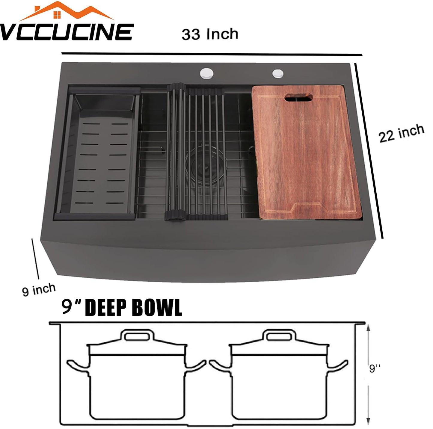 VC CUCINE 33x22 Inch Drop In Gunmetal Black Farmhouse Sink, 16 Gauge Stainless Steel Single Bowl Apron Front Workstation Farm Sink With Accessories