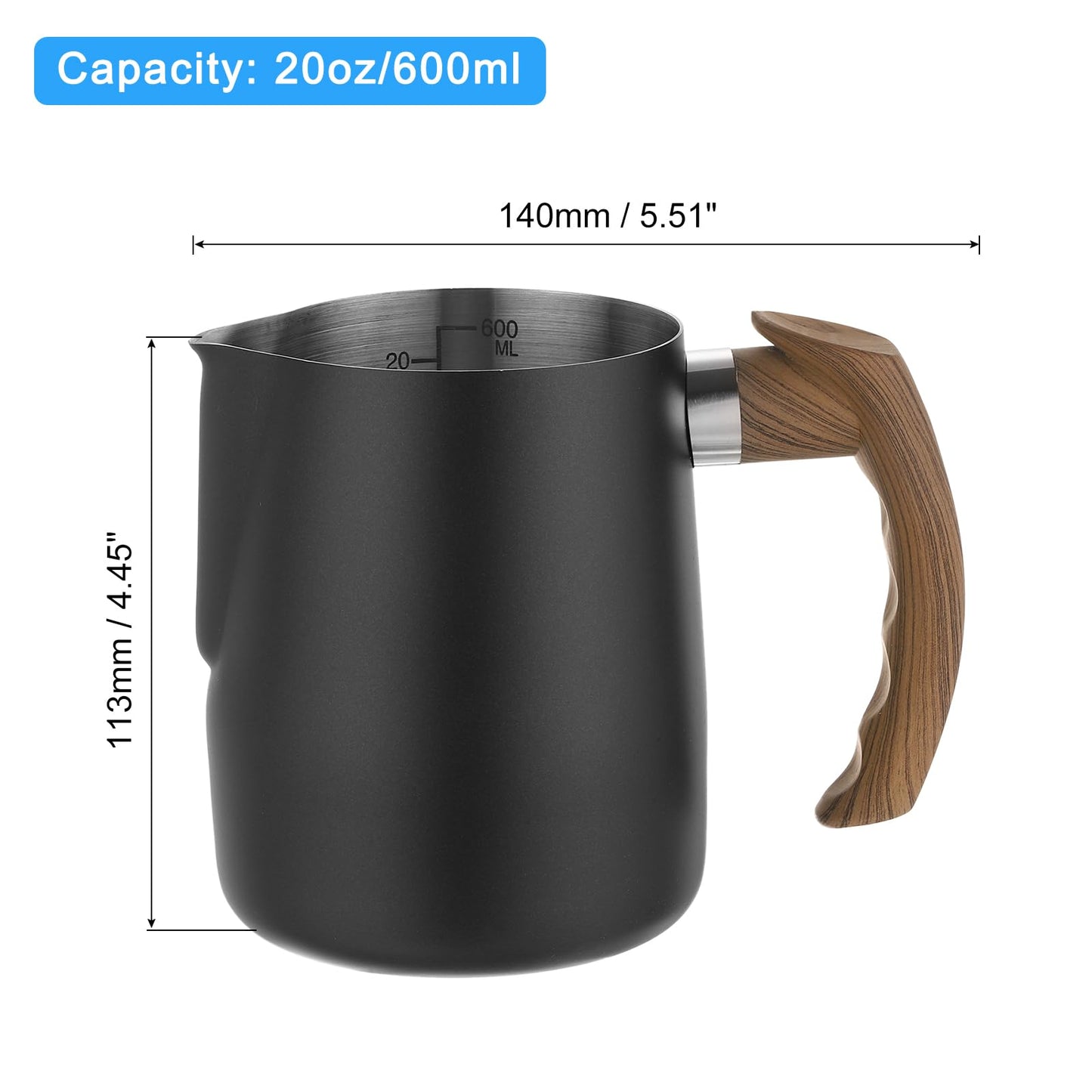 uxcell Milk Frothing Pitcher, 20oz/600ml Stainless Steel Coffee Cup Mug Milk Frothing Pitcher Jug with Handle for Home Cafe Bar Restaurant Hotel, Black
