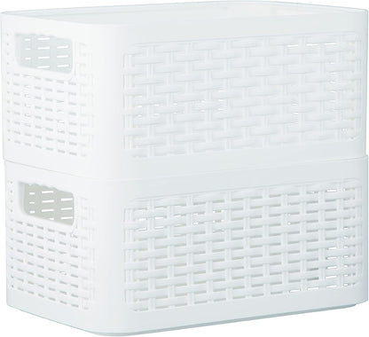 Superio Woven Plastic Storage Basket Box, 9 Quart, White - Wicker Home Organizer Shelf Bins for Closet, Handles