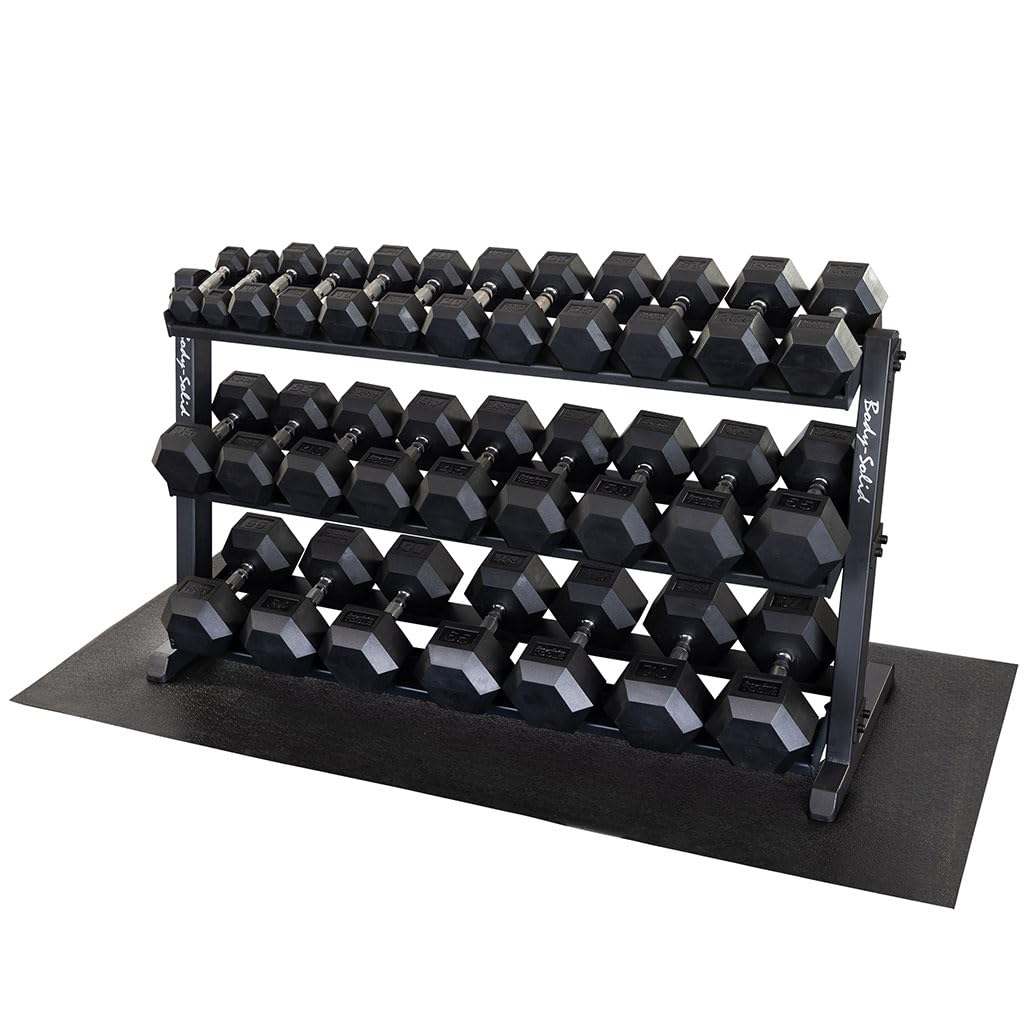 Body-Solid (GDR603T) 60 inch Dumbbell Rack with 3rd Tier - Stand Only, Heavy-Duty Dumbell Weight Storage Racks for Hand Weights, Home Gym Organizer Can Hold 5-70 lbs. Hex Dumbbells