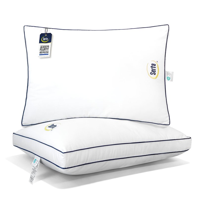 Serta Hotel Collection Bed Pillows Queen/Standard Size Set of 2, 400 Thread Count 100% Cotton Cover, Medium Firm, Support Gusseted Down Alternative Pillow for Back, Stomach or Side Sleepers, 18" x 26"