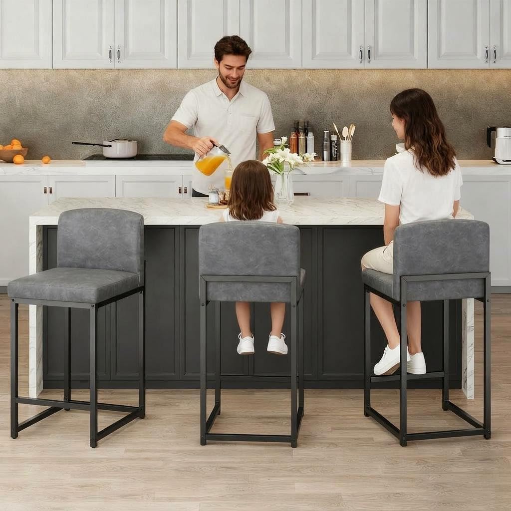 GarveeHome Bar Stools Set of 4, Modern Counter Height Bar Stools with Back and Footrest, Faux Leather Upholstered Barstools Chairs for Kitchen Island Dining Room Bar, Grey