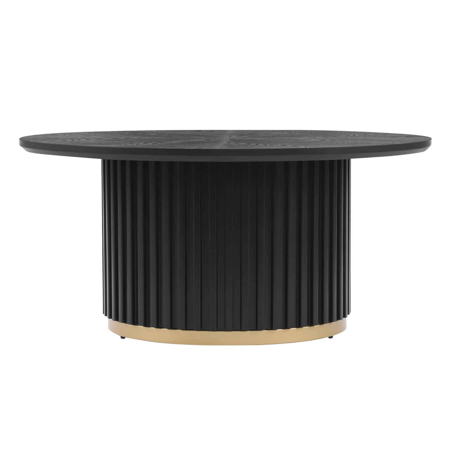 Christopher Knight Home Modern Round Coffee Table 33.46" Fluted Pedestal Base Sculptural Accent Table with Ash Veneer Top and Gold Metal Detail for Living Room Lounge and Minimalist Interiors, Black