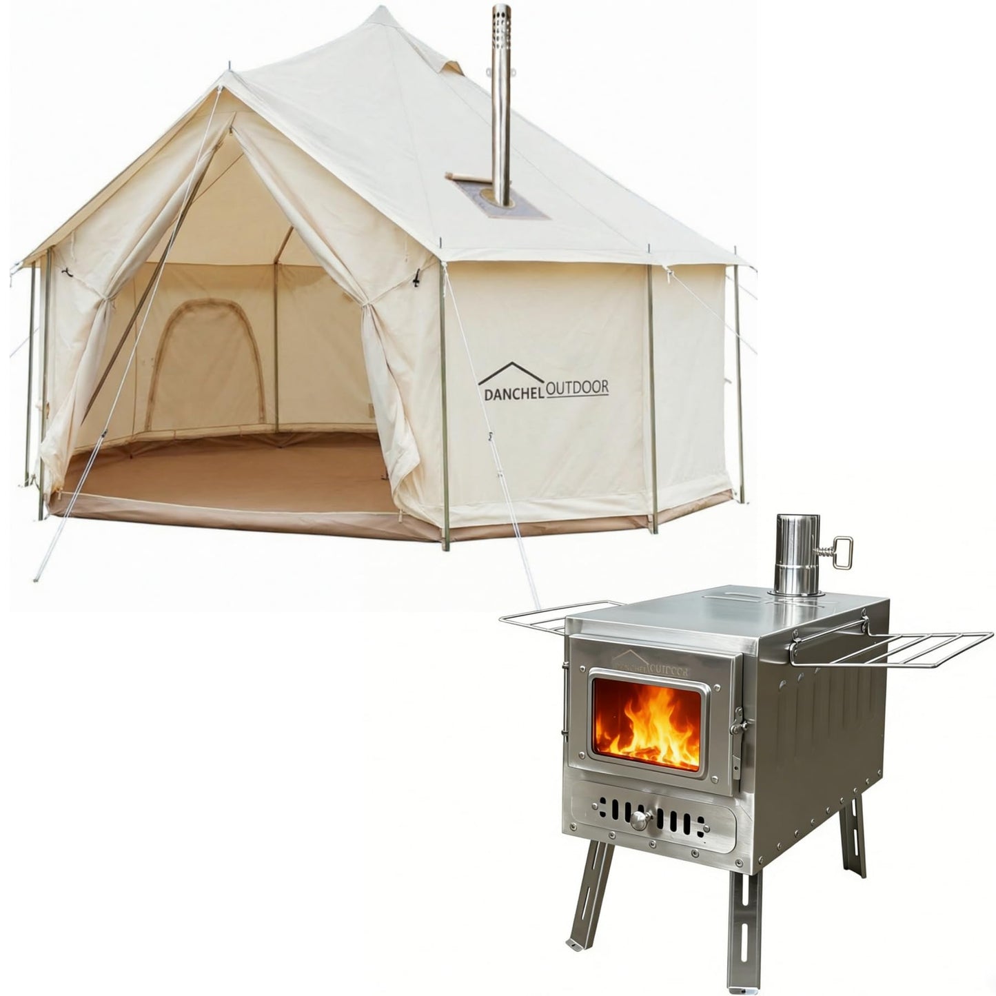 DANCHEL OUTDOOR B6 4 Season Glamping Wall Tent w/Large Wood Stove Camping, No Center Pole, Higher Side Wall, 900D Flame Retardant Oxford for 4 Person Yurt Cabin Tent,13ft/4m
