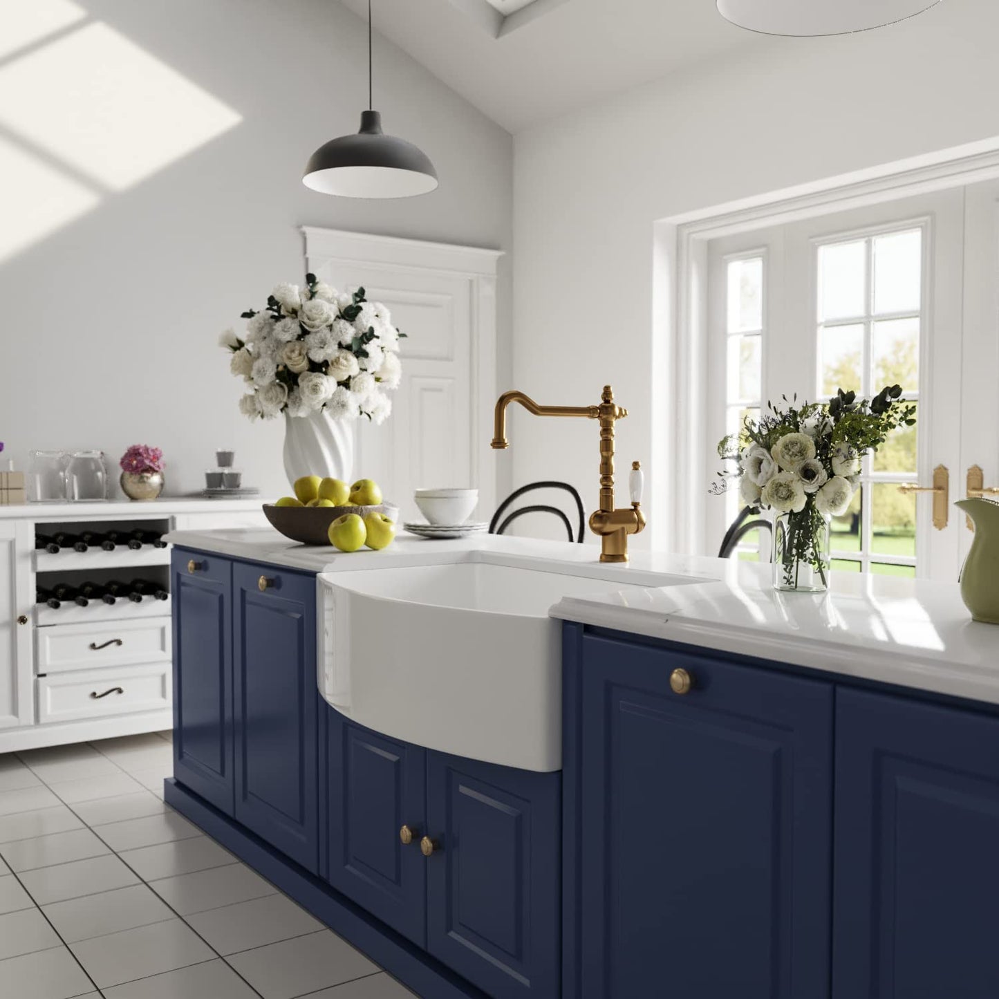 DeerValley Farmhouse Kitchen Sink 33 inch, White Fireclay Apron Front Farm Sinks, Single Bowl Deep Drop In Undermount Sink with Grid and Basket Strainer, Easy to Clean