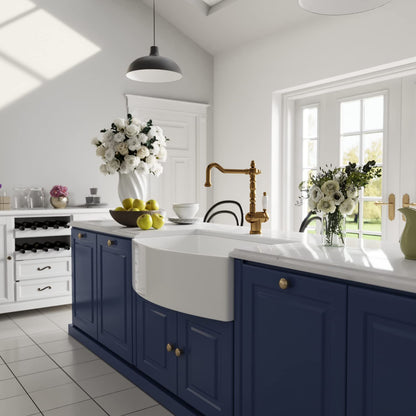 DeerValley Farmhouse Kitchen Sink 33 inch, White Fireclay Apron Front Farm Sinks, Single Bowl Deep Drop In Undermount Sink with Grid and Basket Strainer, Easy to Clean