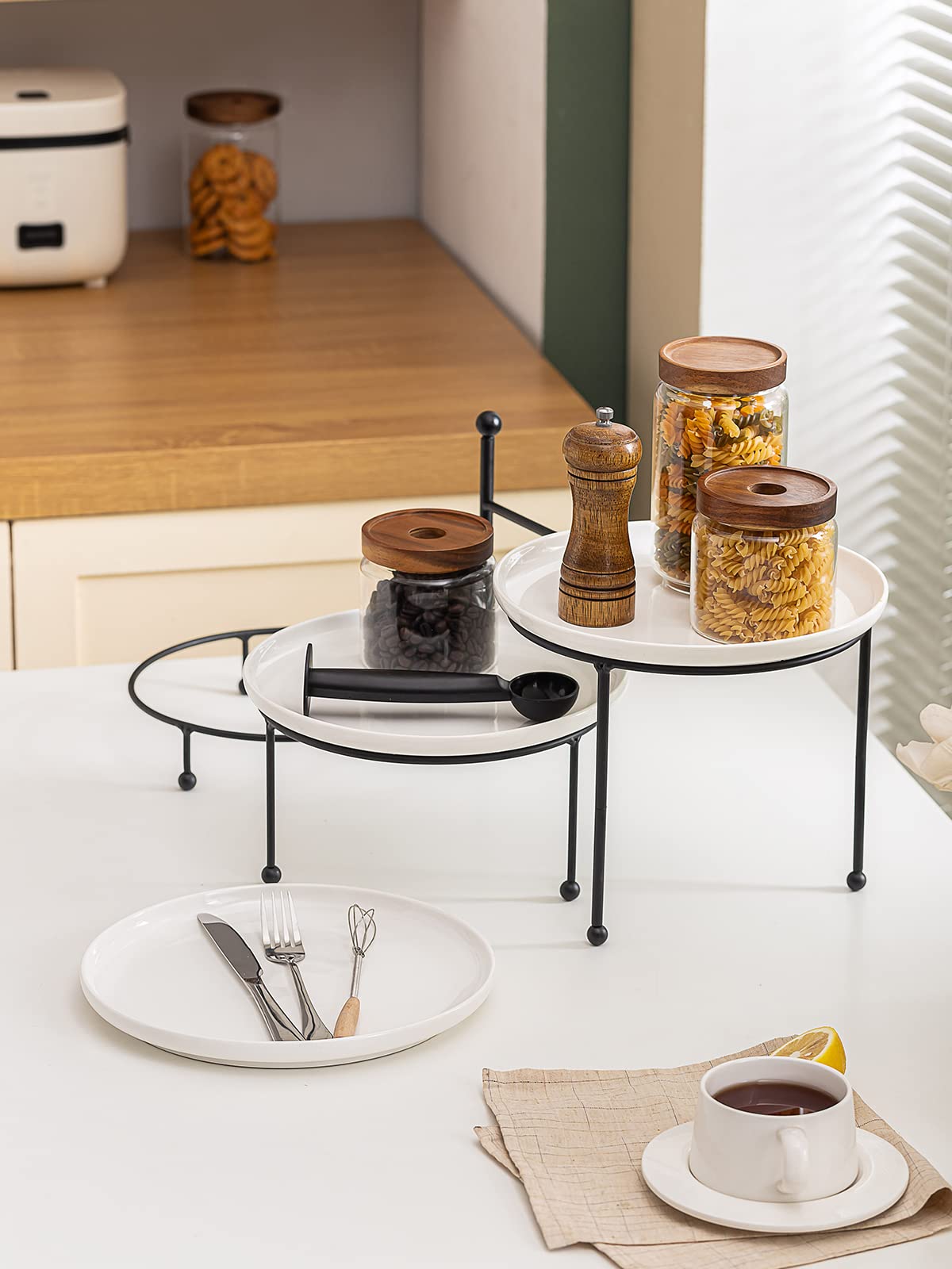 Kanwone 3 Tiered Serving Stand with White Porcelain Plates, 10" Round Tray, Dessert Table Display Set, Black Metal Stand, Versatile & Durable