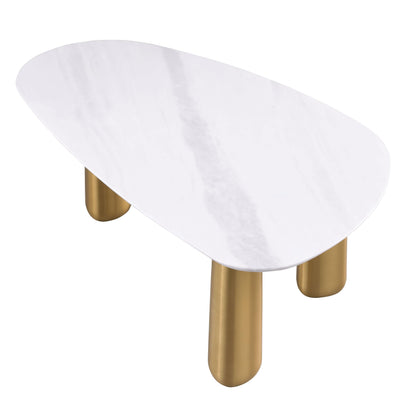 Furniture of America Gavora Modern 51-inch Oval Sintered Stone Top Coffee Table with Gold Triple Pedestal Legs for Small Space, Living Room, Home Office, White
