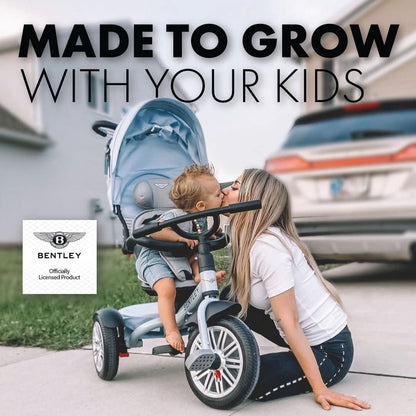 Bentley 6-in-1 Baby Stroller & Toddler Tricycle – Officially Licensed Luxury Kids Bike, Convertible Travel Strollers & Kid Trike with Air Wheels, Canopy & Safety Features (6m-5y+ | Jetstream Blue)