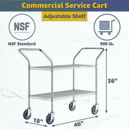 18" x 46" x 36" Commercial Chrome Utility Cart - NSF Heavy-Duty 2-Shelf Rolling Cart with Handles, 900 lb, Service and Supply Cart with Casters for Restaurant, Catering, Kitchen Use