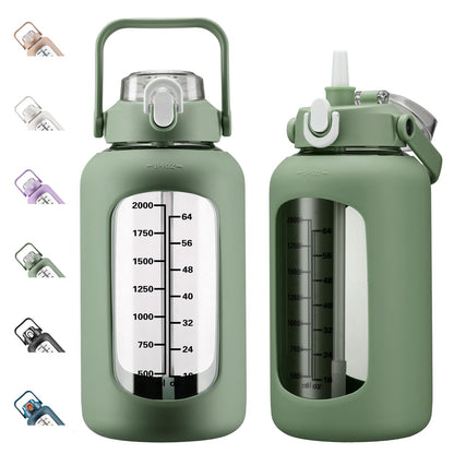 kytffu 84oz Glass Water Bottle with Straw, 2.5 Liter Large Water Bottle with Silicone Sleeve and OZ Marker, Wide Mouth Gallon Glass Bottle with 2-in-1 Lid, Leakproof Water Jug for Gym Home, Olive
