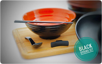 12 Pieces Ramen Set: 4 Black Spoons, 4 Chopsticks, 4 Stand Rest, Unbreakable Melamine for Japanese and Chinese Food