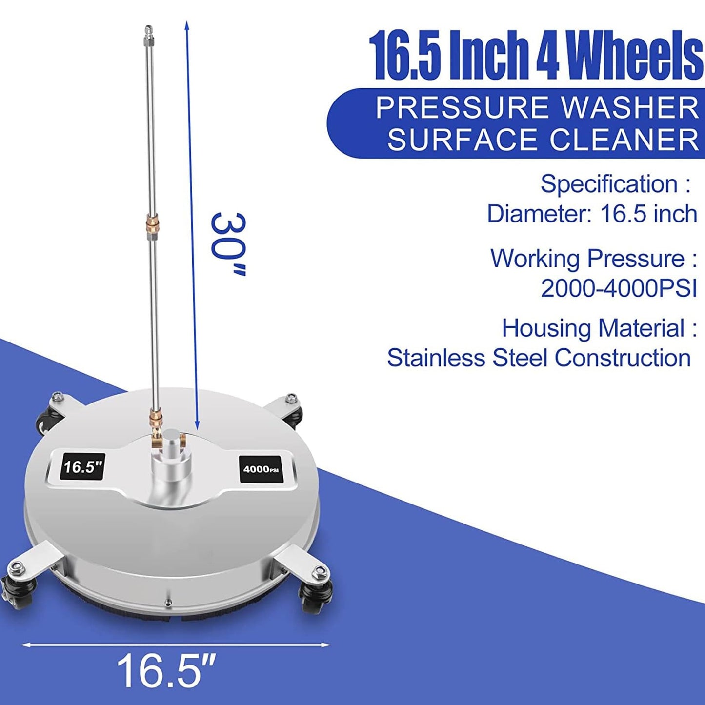 TRELVEX 16.5in Pressure Washer Surface Cleaner, 2 in 1 Stainless Steel Power Washer Attachment with 4 Wheels, 2 ExWands, 1/4" Quick Connector, Undercarriage Cleaner for Sidewalks, 4000 PSI
