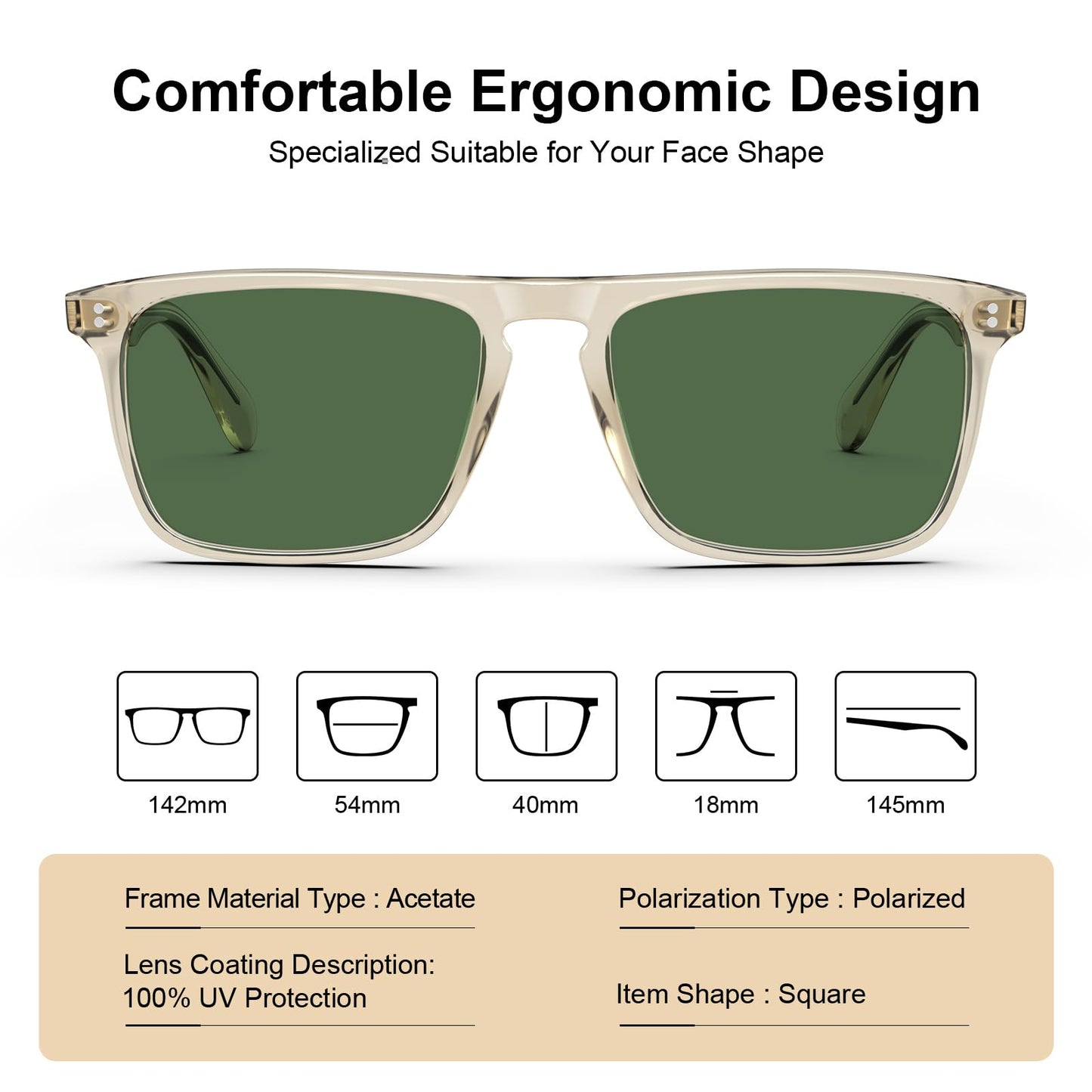 CARFIA Retro Polarized Sunglasses for Men UV Protection Hand-crafted Acetate Frame Fishing Golf Spectacles Green Lens