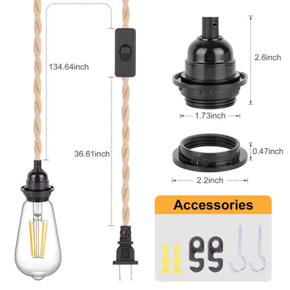 Plug in Pendant Light Cord - 15FT Industrial Hanging Light Kit, Hanging Lights with Plug in Cord With 15FT Hemp Rope, Hanging Lamp Kit with On/Off Switch,E26 E27 Light Socket, Bulb NOT Included
