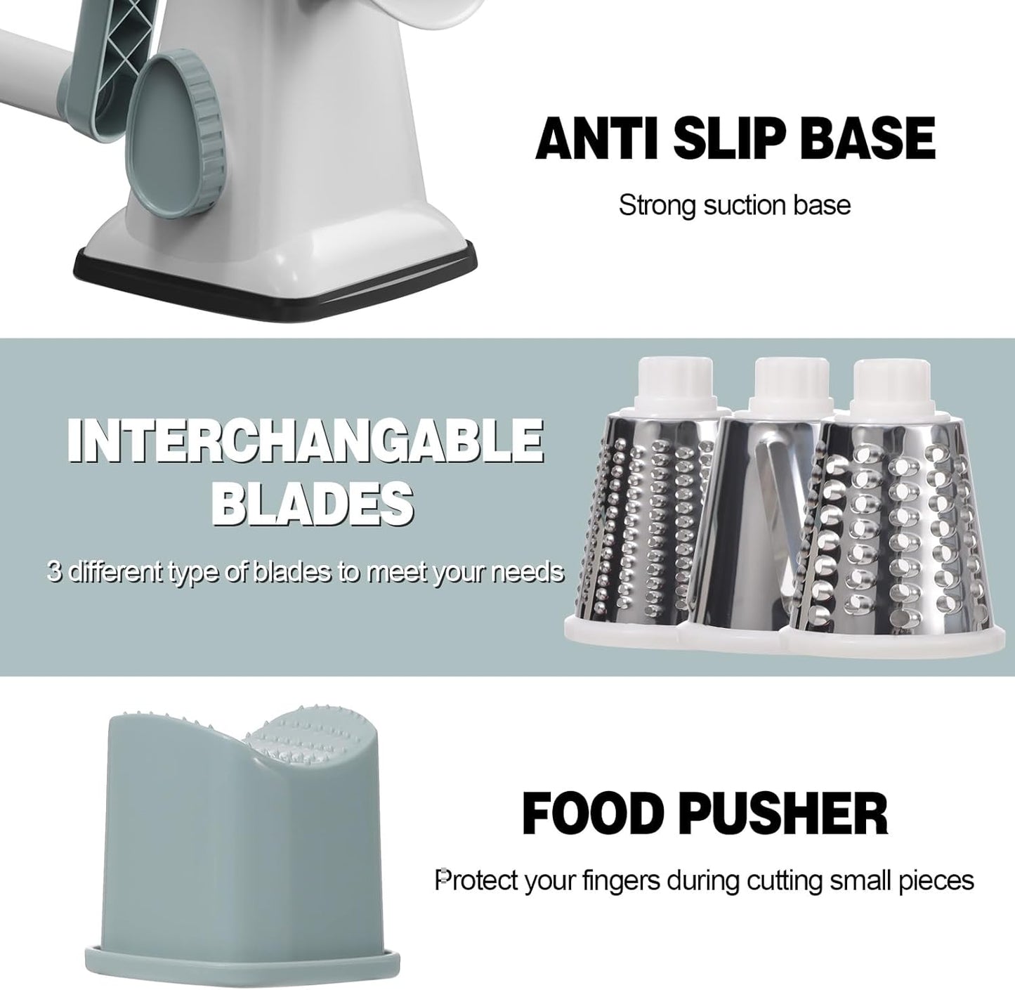 GORCI 3 Cheese Grater Cheese Shredder with Interchangeable Blades, Rotary Cheese Grater Manual Vegetable Slicer