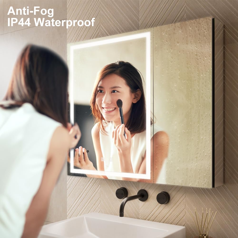 GANPE LED Lighted Bathroom Medicine Mirror Cabinet with Sockets & USBs, Anti-Fog Dimmable Light and Color Adjustment, Easy to Install Aluminum Cabinet (30 * 28 Two-Door)