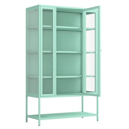 Merax 67" Tall Glass Display Cabinet with Adjustable Shelves and LED Lights, for Collectibles, Modern Steel Storage Curio Cabinet with 3-Sided Glass Display Case for Home Office Study Room, Cyan