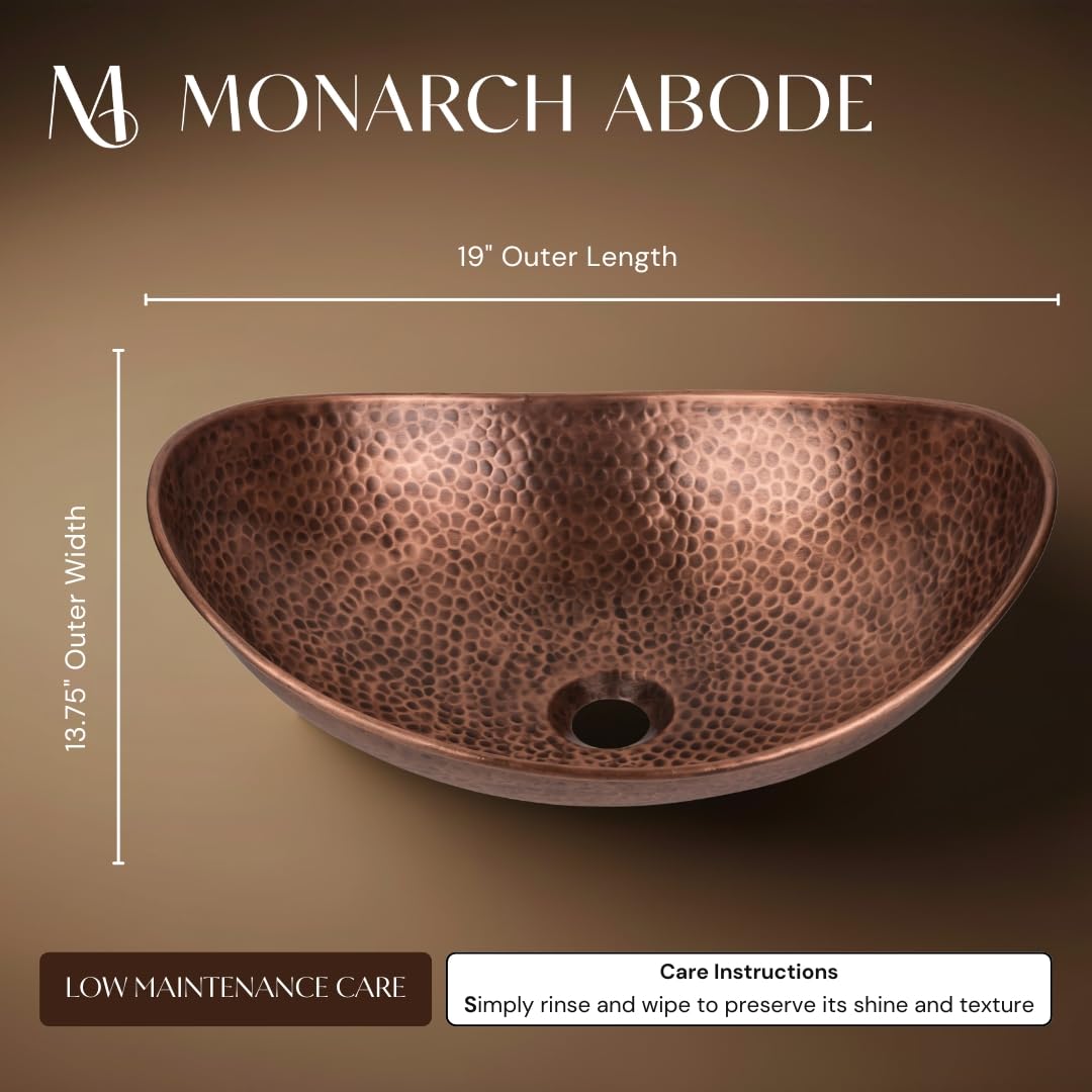 Monarch Abode Bathroom Sink – 19-Inch Harbor Vessel Bathrooms Countertop Sink, Bathroom Vessel Sinks, Above Counter Hand Hammered Pure Copper Bath Sinks for Restroom Vanity or Powder Room