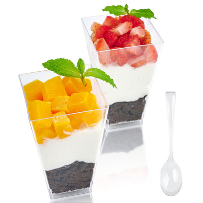 JOLLY CHEF 100 Pack 3 oz Square Mini Dessert Cups with Spoons, Clear Plastic Parfait Appetizer Cup, Small Plastic Dessert Serving Bowl for Tasting Party