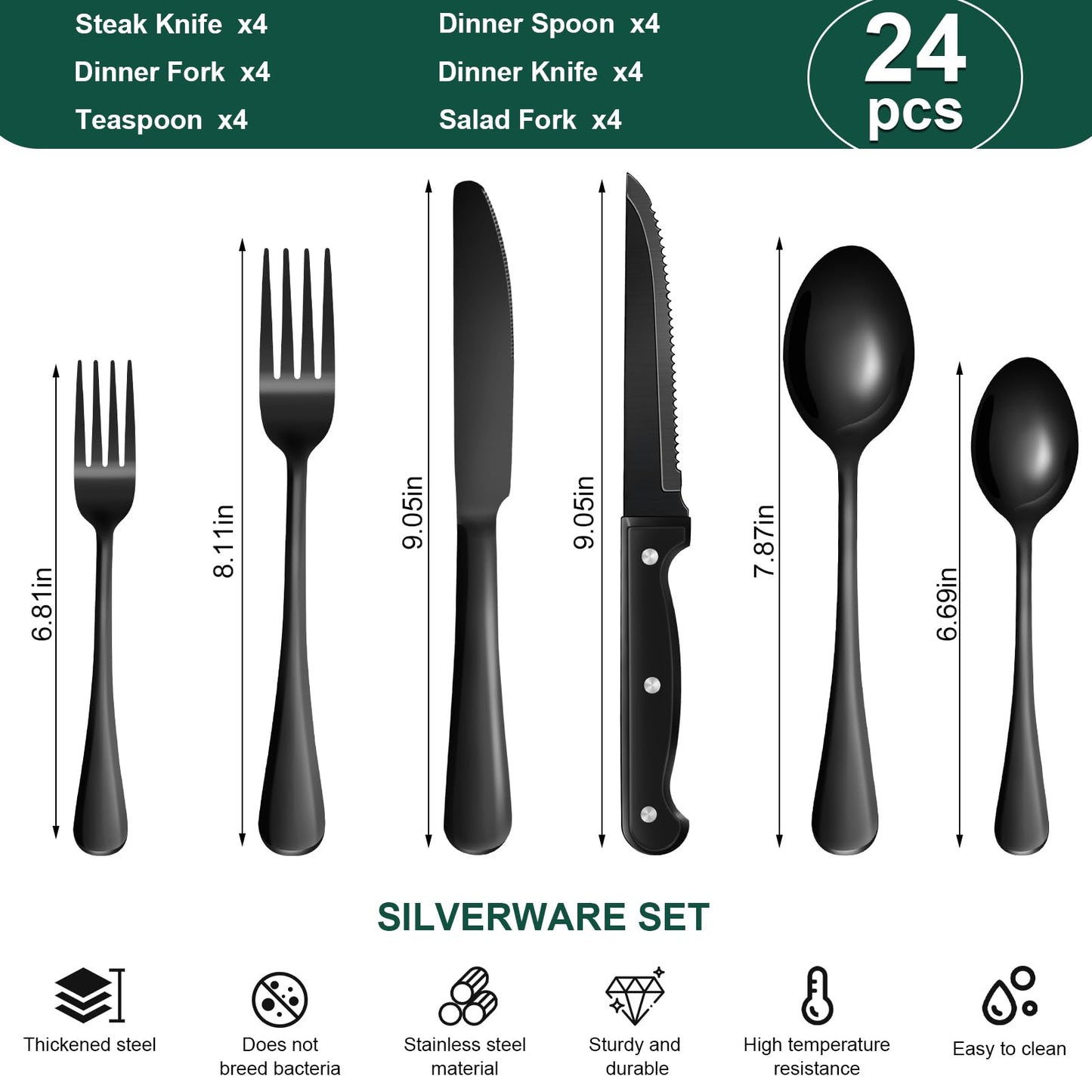 24-Piece Black Silverware Set with Steak Knives Black Stainless Steel Flatware Set for 4 Food Grade Tableware Cutlery Set Rust-proof, Mirror Polished, Dishwasher Safe