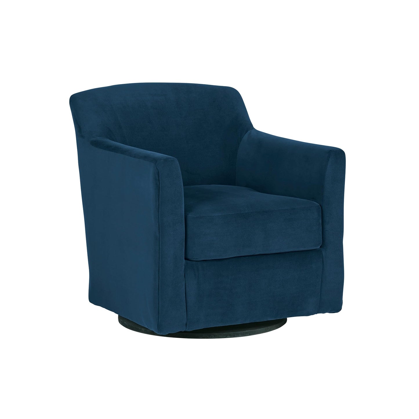 Signature Design by Ashley Bradney Swivel Chair with Blue Velvet Upholstery, Contemporary Shelter‑Arm Seating with Reversible Cushion and Wood Base for Living Room or Bedroom