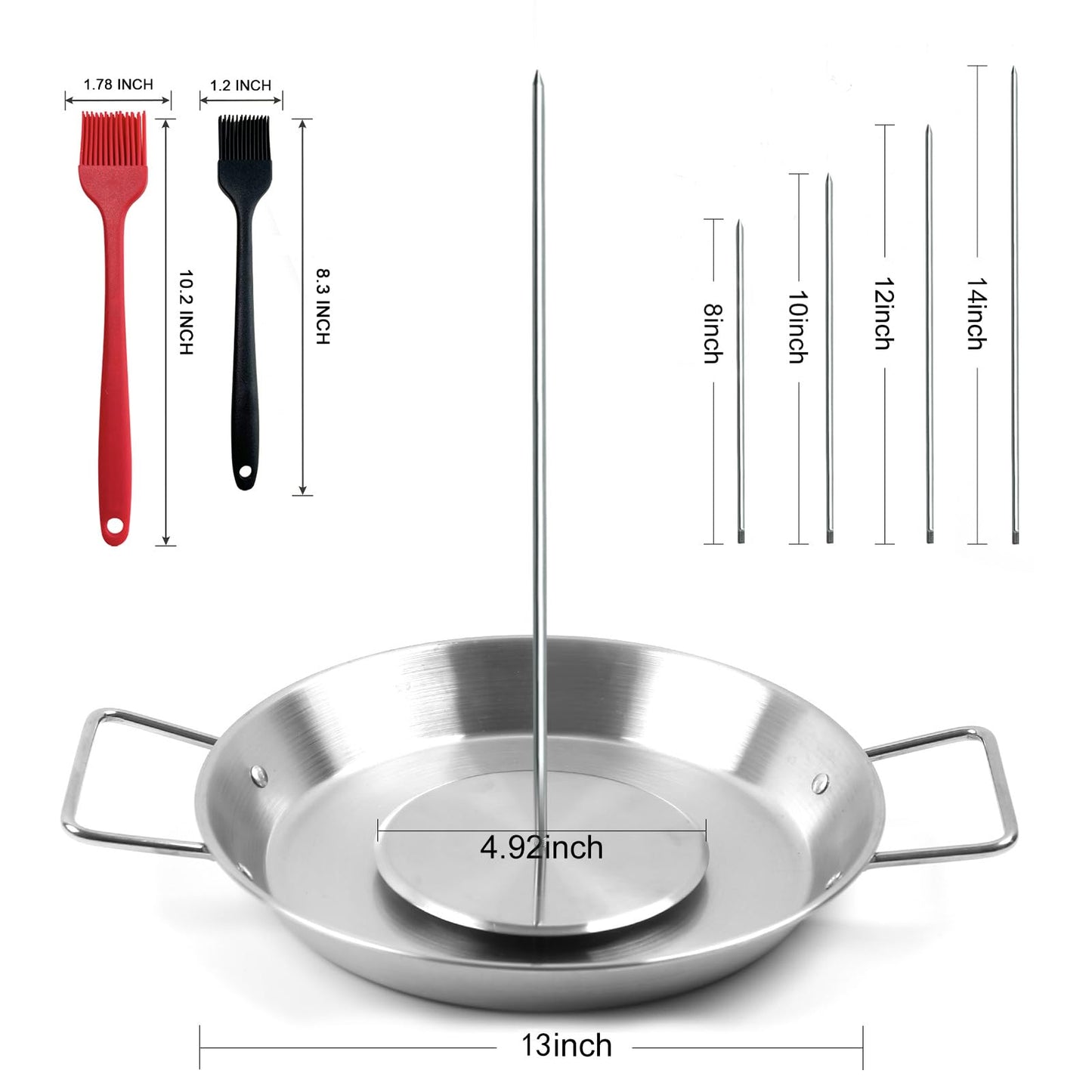 Fengzhe Al Pastor Skewer for Grill: Extra Large 13" Stainless Steel Vertical Skewer, Brazilian Spit Stand with 4 Spikes, 2 Brushes, for Tacos Al Pastor, Shawarma, Kebabs, with Fat Separator Tray