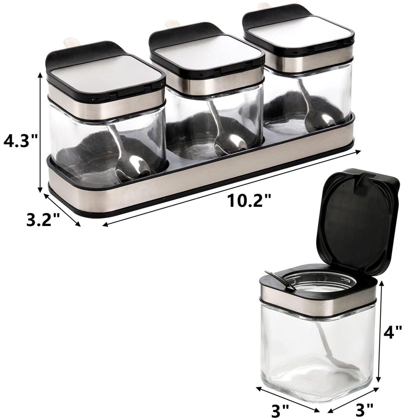 DEAYOU 3 Pack Glass Seasoning Box with Tray, Clear Condiment Canister with 18/10 Stainless Steel Lid and Spoon, Kitchen Spice Pot with Base, Salt Pepper Sugar Storage Container Jar Cruet for Desk