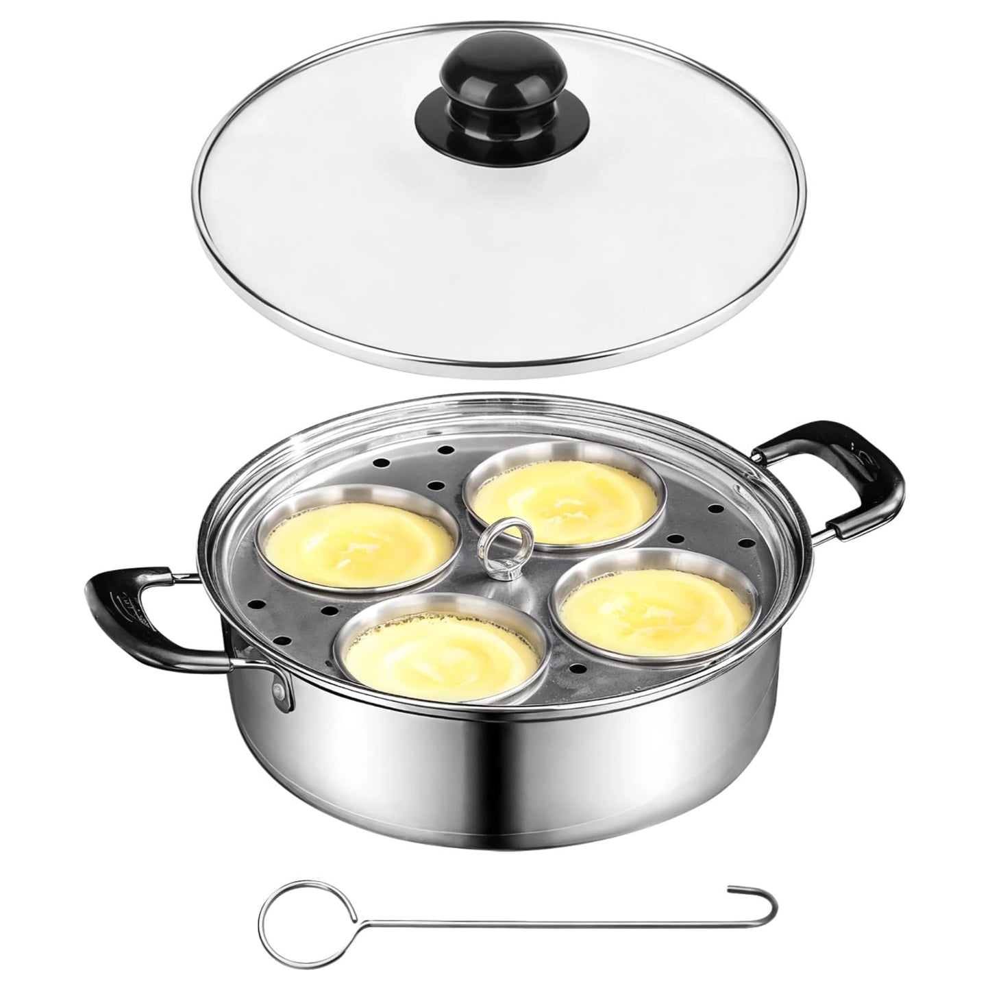 8 Inch Stainless Steel Egg Poacher Pan, 4 Egg Poaching Cups for Easy Release, Tempered Glass Lid for Visible Cooking, Healthy Long-lasting, All Stovetops Compatible
