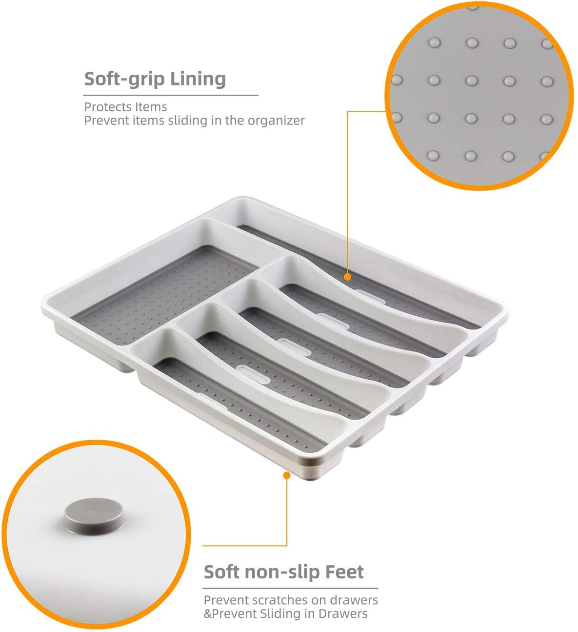 LeMuna 6 Compartment Silverware Organizer Tray for Drawer, Kitchen Drawer Organizer with Soft Grip Lining and Non-Slip