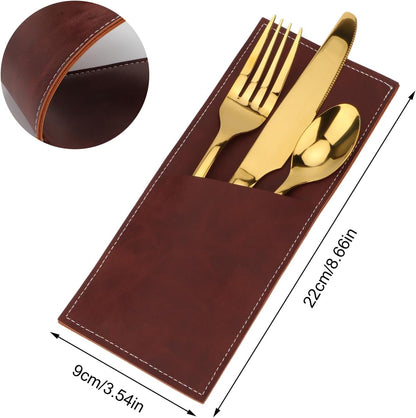 Leather Cutlery Sleeve Utensil Holders, 2 Pcs (Red brown/Wine red) for Knife and Fork Silverware, Mother's Day Decor