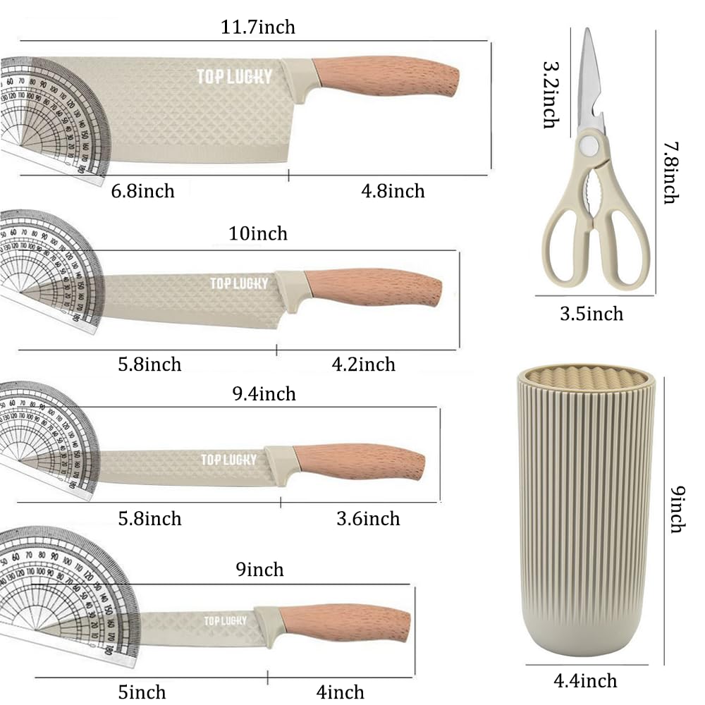 Knife Set, Wiztoynia 6-Piece Khaki Kitchen Knife Set for Home, Anti-Rust Non-stick Stainless Steel Sharp Chef Knife Sets with Universal Knife Block for Kitchen, Ergonomical Design (Khaki)
